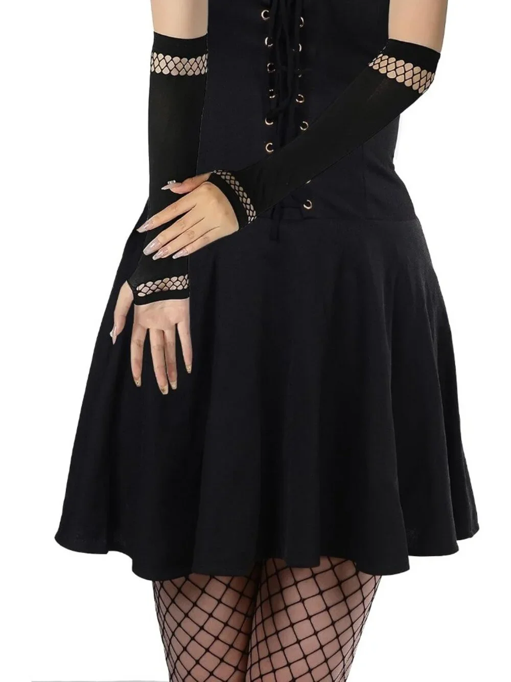 Women's Black Long Solid Arm Warmers Fishnet Mesh Trim Fingerless Gothic Gloves